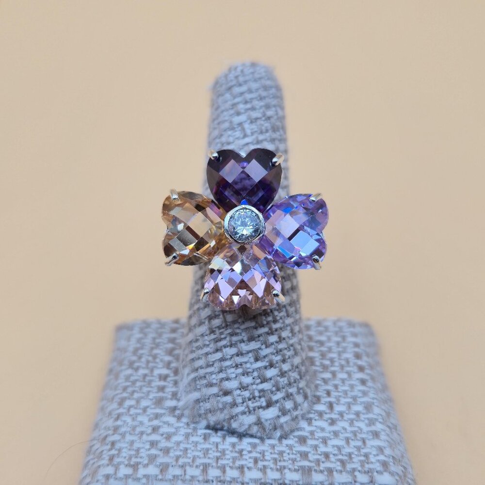 Size 7 Sterling Silver Large Flower Cubic Zirconia Gems Band Ring A5189